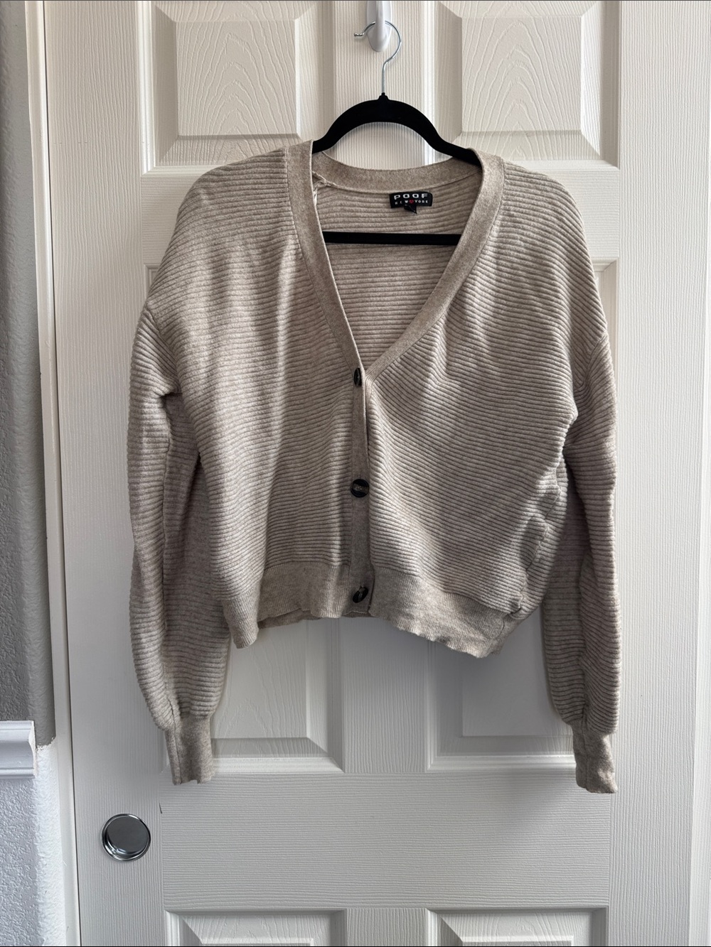 Beige Ribbed V-Neck Button Cardigan Sweater - size large